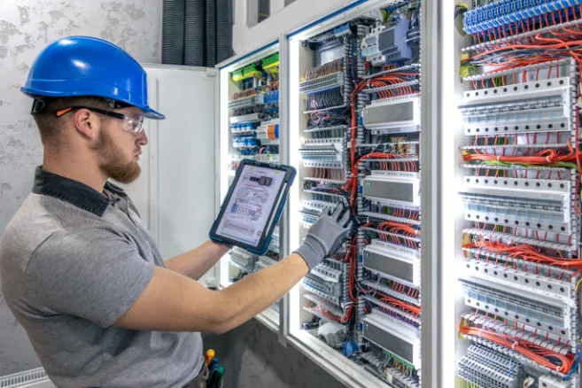 Maschinendaten an Software anbinden: Steuerungsschrank mit SPS und Industrie-Gateway in einer Fertigungshalle