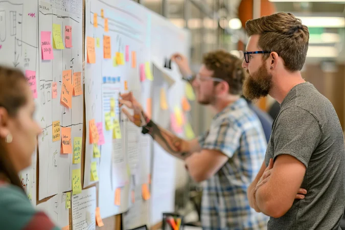 Wie lange dauert Softwareentwicklung: Projektplan mit Meilensteinen an der Wand eines Entwicklungsteams